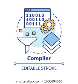 Compiler concept icon. Software development. Machine language. Programming. Data filtering.  