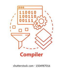 Compiler concept icon. Software development. Machine language. Programming. Data filtering. Computer code translation idea thin line illustration. Vector isolated outline drawing