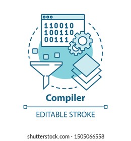 Compiler concept icon. Software development. Machine language. Programming. Data filtering. Computer code translation idea thin line illustration. Vector isolated outline drawing. Editable stroke
