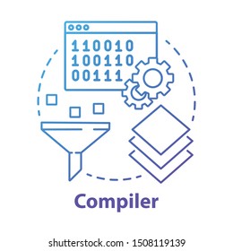 Compiler concept icon. Software development. Machine language. Programming. Data filtering. Computer code translation idea thin line illustration. Vector isolated outline drawing