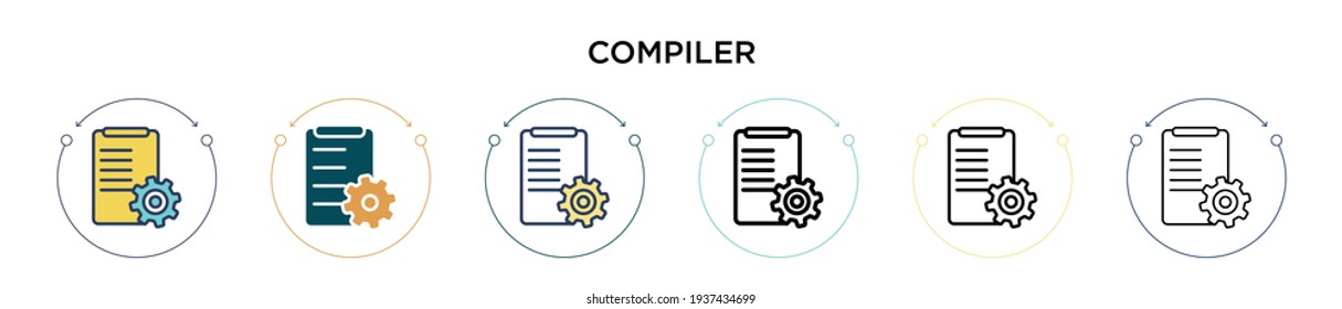 Compiler icon in filled, thin line, outline and stroke style. Vector illustration of two colored and black compiler vector icons designs can be used for mobile, ui, web