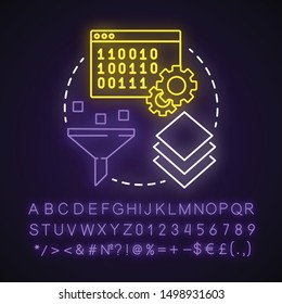 Compiler neon light concept icon. Software development. Programming. Data filtering. Computer code translation idea. Glowing sign with alphabet, numbers and symbols. Vector isolated illustration