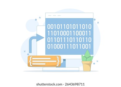 Compiler programming concept, binary numbers. software development, machine language laptop code. programming, coding in computer. data filtering. flat vector illustration.
