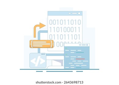 Compiler programming concept, binary numbers. software development, machine language laptop code. programming, coding in computer. data filtering. flat vector illustration.
