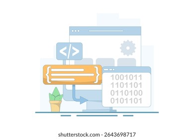Compiler programming concept, binary numbers. software development, machine language laptop code. programming, coding in computer. data filtering. flat vector illustration.