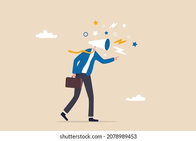 Complain on everything, blame other people, negative feedback, furious anger boss complainer or displeased manager concept, furious businessman boss megaphone head shouting complaint on everything.