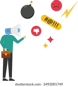 Complain on everything, blame other people, negative feedback, furious anger boss complainer or displeased manager concept, furious businessman boss megaphone head shouting complaint on everything.

