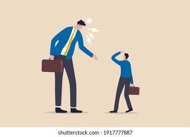 Complainer boss, angry and furious on work failure criticism, underperform employee or conflict in work concept, big boss businessman furious, mad complaining, shouting to sad underperform employee.