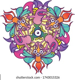 Complaining purple bats, three-eyed yellow mosquitoes and weird green fishes rotating while performing in a pattern design. They form a colorful doodle art motif, a hexagon, full of color and fun