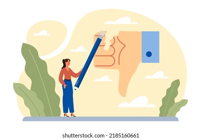 Concepto de queja. Insatisfacción del producto o servicio, retroalimentación negativa del cliente. Clasificación de la experiencia del cliente. Ilustración vectorial plana