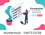 Complaint concept isometric concept. Man wrote a complaint. Vector illustration 3d esign. Measures to solve problems. Claim petition. Sign the document on the application.