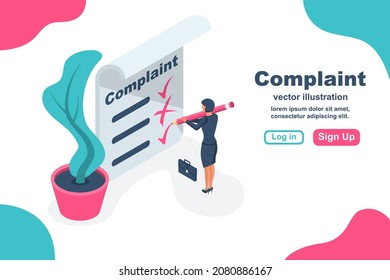 Complaint concept isometric concept. Woman wrote a complaint. Vector illustration 3d esign. Measures to solve problems. Claim petition. Sign the document on the application.