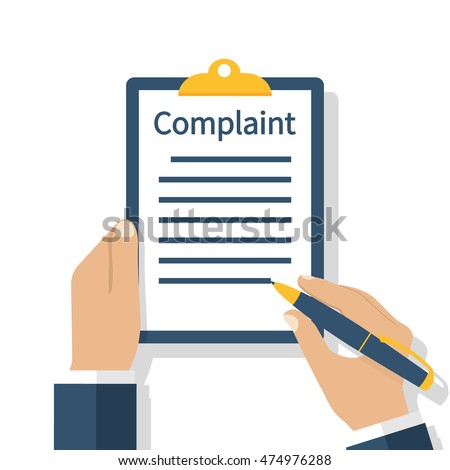 Complaint concept. Man holding clipboard in hand wrote a complaint. Vector illustration flat design. Measures to solve problems. Claim petition.