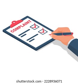 Complaint concept. The man wrote a complaint. Vector illustration isometric design. Measures to solve problems. Claim petition. Sign the document on the application.