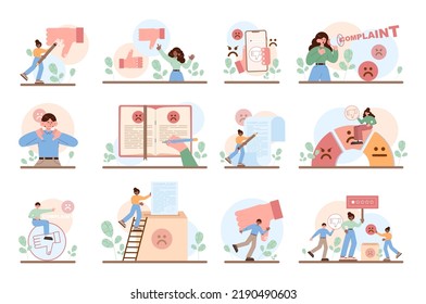 Complaint concept set. Dissatisfaction of product or service, negative feedback from client. Customer experience ranking. Flat vector illustration