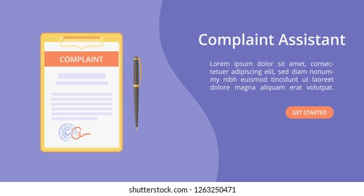 Complaint form assistant on clipboard web template concept Online customer complaint service landing concept with clipboard, signed form and pen on violet background. Vector web illustration template