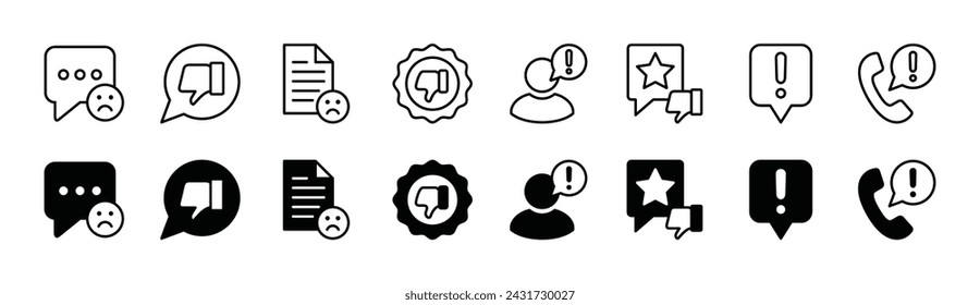 Complaint icons for customer service and communication support. Containing poor feedback, unhappy, dislike, 1 star, rating review, comment. Vector illustration