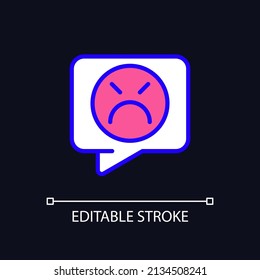 Complaint pixel perfect RGB color icon for dark theme. Negative feedback on service. Dissatisfied customer. Simple filled line drawing on night mode background. Editable stroke. Arial font used