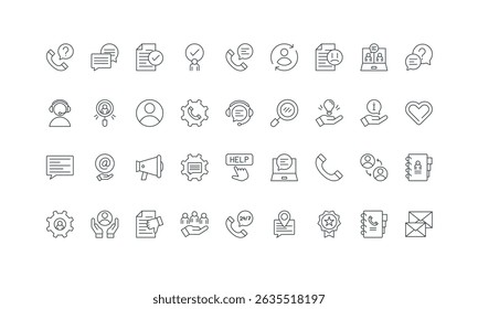 Complaint report and questions, problem solving thin black outline symbols vector illustration. Customer support service, call center and tech problem assistance, online guide line icon set.