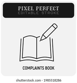 Complaints book to write feedback, review thin line icon. Book with pencil. Pixel perfect, editable stroke. Vector illustration.