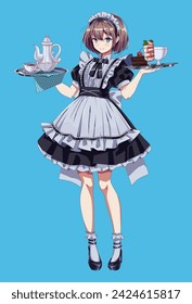 Complaisant girl from maid cafe color vector character. Cute anime woman holds trays with desserts and hot tea on blue background. Japanese waitress