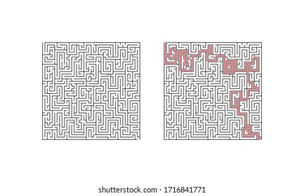 Complecated labyrinth maze game. Difficult puzzle with solution isolated on white background. Vector illustration.