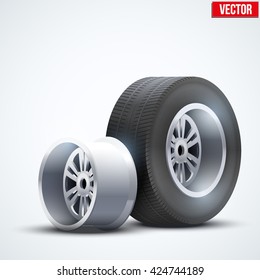 Complect Car tires and wheel at warehouse. Vector Illustration isolated on white background