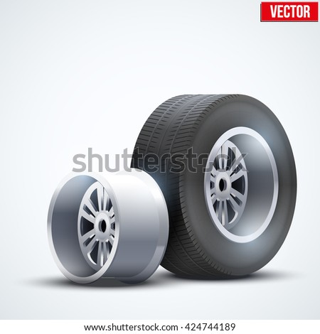 Complect Car tires and wheel at warehouse. Vector Illustration isolated on white background