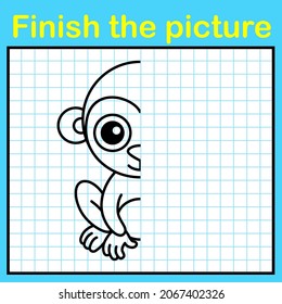 Complement the monkey with a symmetrical picture and paint it. A simple drawing game for kids education