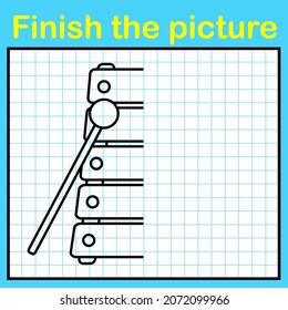 Complementar el xilófono con una imagen simétrica y pintarlo. Un simple juego de dibujo para los niños