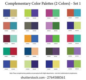 Complementary Color Palettes Set 1 - 2 Color Combination, Perceptual Mode, Opposite Colors - 20 Color Combos 3d with HEX Codes, Colour Palette Schemes