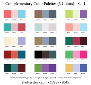 Complementary Color Palettes Set 1 - 3 Color Combination, Perceptual Mode, Opposite Colors - 15 Color Combos with HEX Codes, Colour Palette Schemes