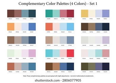 Complementary Color Palettes Set 1 - 4 Color Combination, Perceptual Mode, Opposite Colors - 15 Color Combos with HEX Codes, Colour Palette Schemes