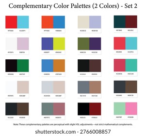 Complementary Color Palettes Set 2 - 2 Color Combination, Perceptual Mode, Opposite Colors - 20 Color Combos with HEX Codes, Colour Palette Schemes