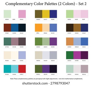 Complementary Color Palettes Set 2 - 3 Color Combination, Perceptual Mode, Opposite Colors - 15 Color Combos with HEX Codes, Colour Palette Schemes