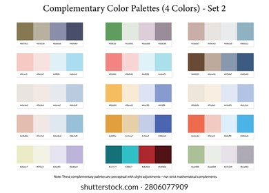 Complementary Color Palettes Set 2 - 4 Color Combination, Perceptual Mode, Opposite Colors - 15 Color Combos with HEX Codes, Colour Palette Schemes