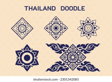 Complementary line thai art illustration. Thai doodle design elements, icon, for design of luxury products. Isolated on black background.