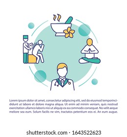 Complementary medicine concept icon with text. Acupuncture, aromatherapy. Meditation. Doctor. Healthcare. PPT page vector template. Brochure, magazine, booklet design element with linear illustrations