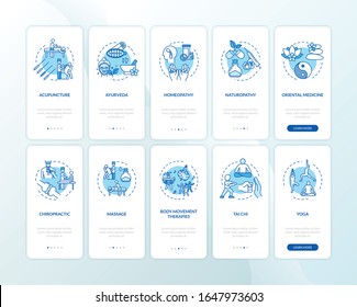 Ergänzende Medizin Onboarding Mobile App Page mit Konzepten Set. Alternative Therapietypen, die in fünf Schritten grafische Anweisungen durchlaufen. Vorlage für Vektorillustration der Benutzeroberfläche mit RGB-Farbillustrationen