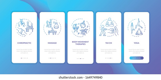 Complementary medicine onboarding mobile app page screen with concepts. Alternative therapeutic practices walkthrough five steps graphic instructions. UI vector template with RGB color illustrations