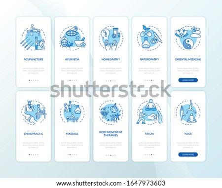 Complementary medicine onboarding mobile app page screen with concepts set. Alternative therapy types walkthrough five steps graphic instructions. UI vector template with RGB color illustrations