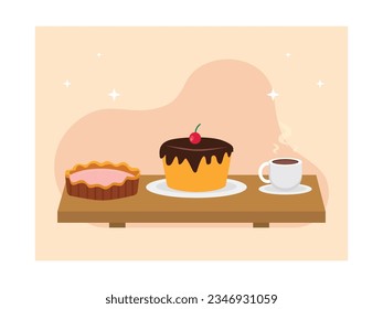 Complementary sweet food during the autumn season coffee, pie, chocolate cake with cherry topping, to enjoy and warm the body at home. Character designs. Vector flat illustration