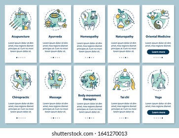 Complementary therapies onboarding mobile app page screen with concepts set. Alternative medicine types walkthrough five steps graphic instructions. UI vector template with RGB color illustrations