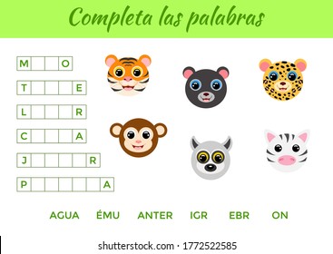 Completa las palabras - Complete the words, write missing letters. Matching educational game for children with cute animals. Educational activity page for study Spanish. Isolated vector illustration.