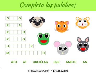 Completa las palabras - Complete the words, write missing letters. Matching educational game for children with cute animals. Educational activity page for study Spanish. Isolated vector illustration.