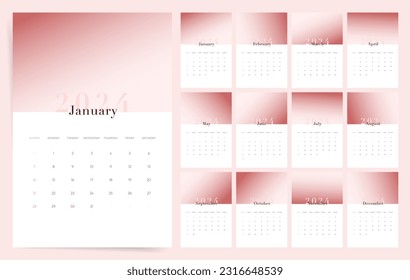 Complete 2024 Calendar Set with Gradient Aesthetic Wall Templates. Week Begins on Sunday