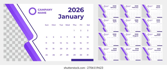 Plantilla completa de calendario de escritorio 2026 con un diseño moderno en púrpura y blanco con Elementos abstractos, marca de la empresa y un diseño completo de 12 meses. Las fechas 1-31 son visibles.