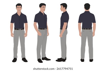 Complete 2D Vector Turnaround Character Set, Formal Half Shirt, Pant for Animation with Multiple Views