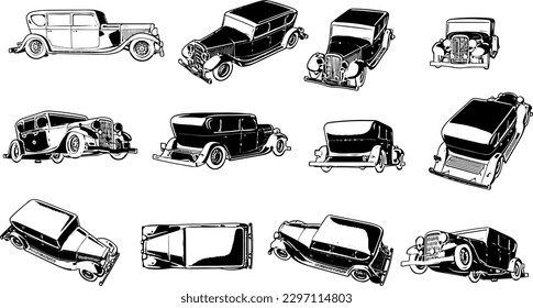 "Complete 3D Silhouette Collection of Vintage Cars"
"360-Degree Rendered 3D Vintage Car Set"
"All-Angles 3D Silhouette Pack of Retro Cars"