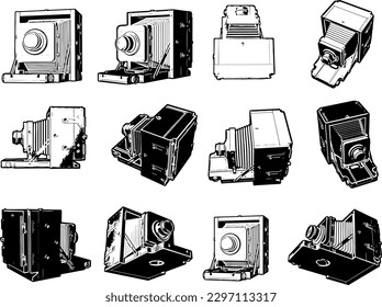 "Complete 3D Silhouette Pack of Retro Cameras"
"All-Angles 3D Silhouette Collection of Vintage Cameras"
"Complete 3D Model Set of Antique Still Cameras"